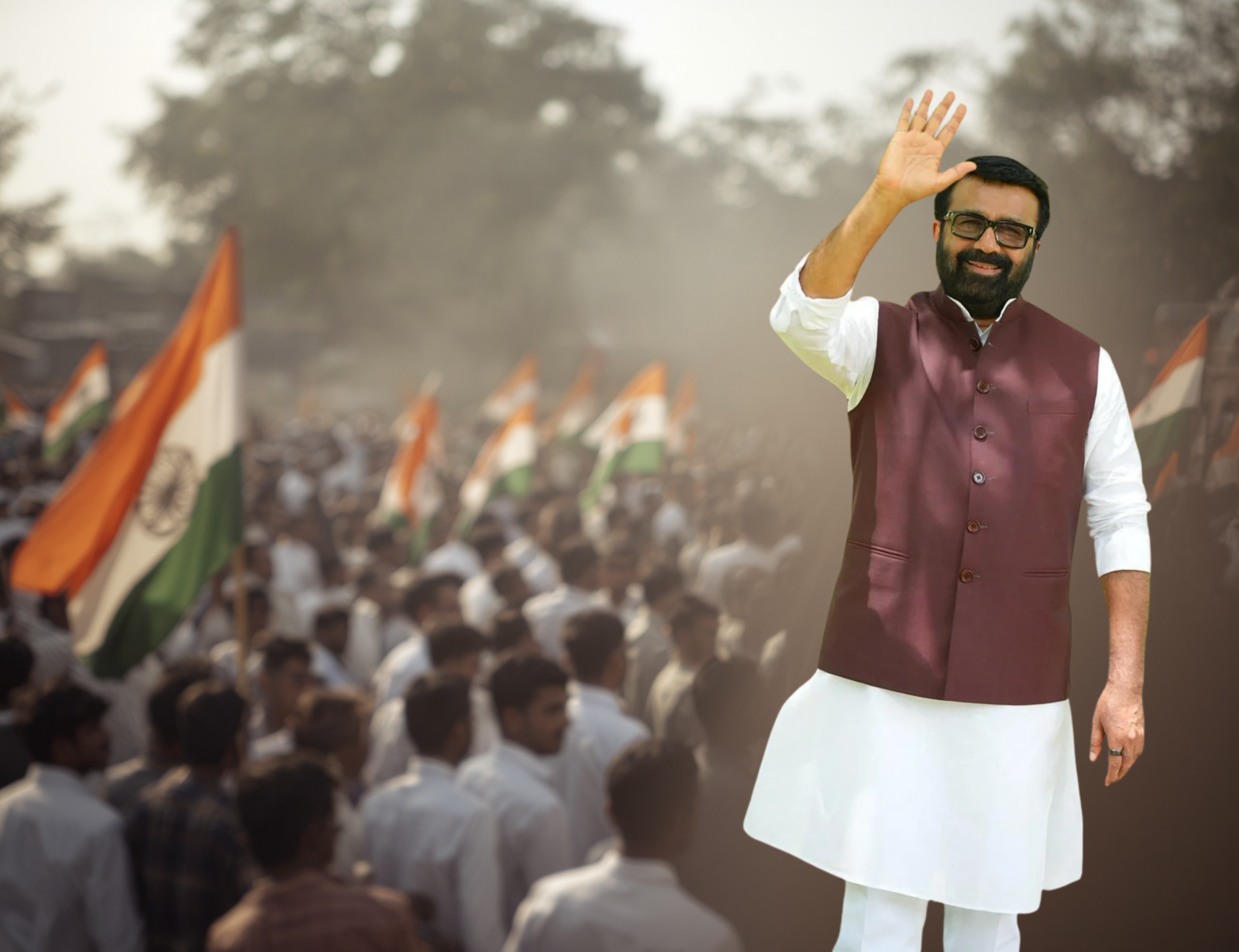 N A Haris walking through Shantinagar lane greeting citizens